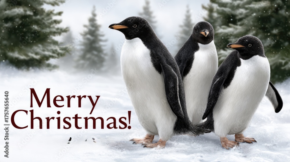 Obraz premium Three cheerful penguins stand in the snow, wearing cozy hats, celebrating the winter holiday with joyful greetings and a frosty backdrop.