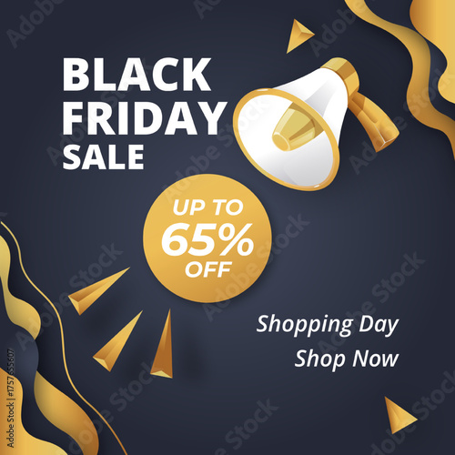 Black Friday sale poster featuring bold white text on a dark background. A circular gold badge announces Up to 65% off. Shop Now. Shopping Day.