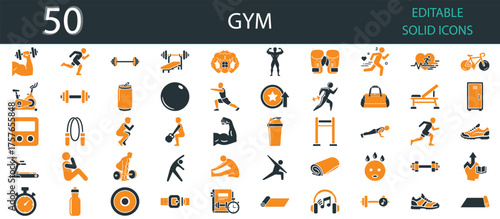 Gym solid fill icons set of 50 vector symbols for fitness, bodybuilding, workout, training, health, and sports activities. Editable orange and dark solid glyph icons for gym and exercise designs