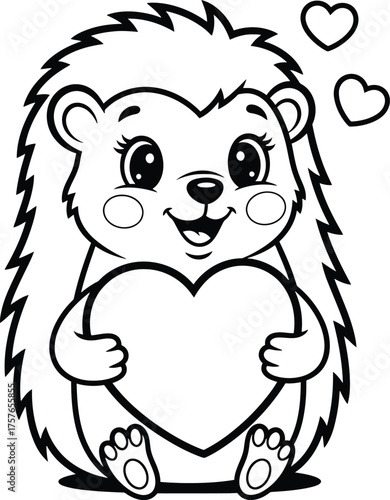 Cute cartoon hedgehog holding heart for valentine's day coloring page for kids
