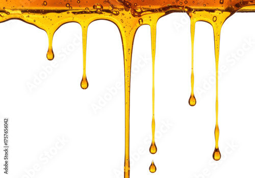 Golden honey dripping isolated PNG, sweet liquid flowing down on transparent background, natural sweetener for food and beverage design