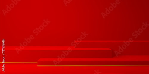 3d red podium platform pedestal composition featuring low, blocky stages in saturated crimson. with golden accents. Realistic background for product display, award ceremony, or festive presentation