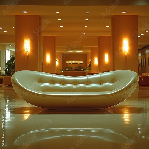 A beautiful white sofa sits gracefully, reflecting the warm glow of elegant hotel lights