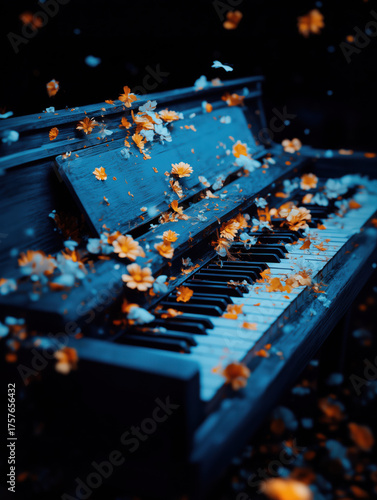 Old piano covered with orange and white petals under soft blue light. Emotional artistic composition symbolizing memory, nostalgia and beauty of decay