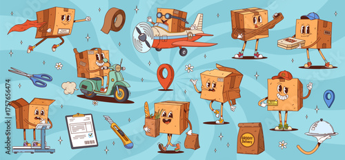 Cartoon groovy delivery cardboard box characters. Retro y2k carton parcels vector personages in delivery service courier uniform and super hero costume. Funny groovy brown paper boxes and packs