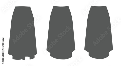 Fashion design illustration of a long flowing maxi skirt presented in three different views as a dark gray silhouette