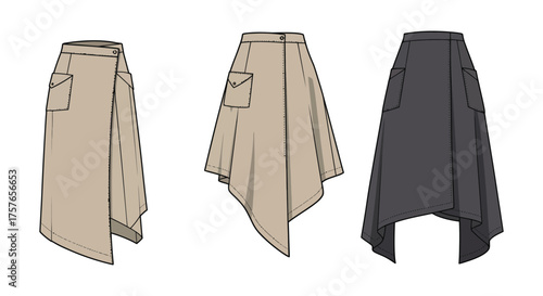 Fashion illustration of three asymmetrical skirts with pockets and draping in beige and charcoal silhouette