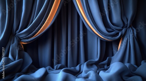 Rich blue drapes create a dramatic backdrop with orange highlights, perfect for a show