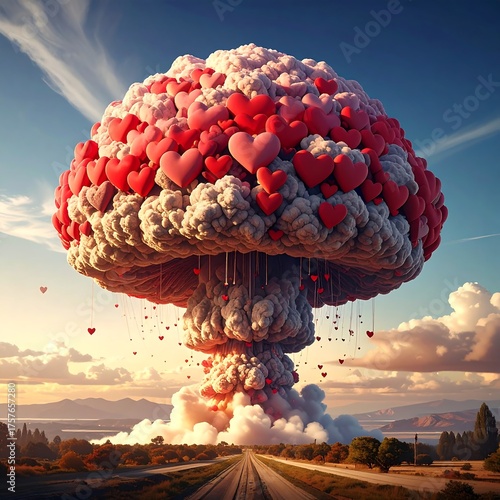 Explosive cloud of red hearts billowing over a road and landscape