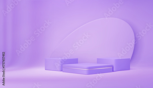 Purple podium stage with pedestals for product display or showcase, vector background. Premium luxury purple or lilac podium stage of square platforms with rounded edges and circle wall panel display