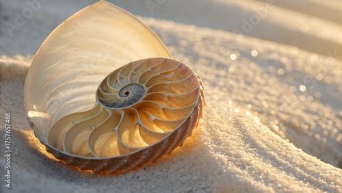 Macro photograph of a spiral conch shell showing intricate ridges and soft iridescent reflections, sand grains visible on its edge, golden morning light illuminating every curve.