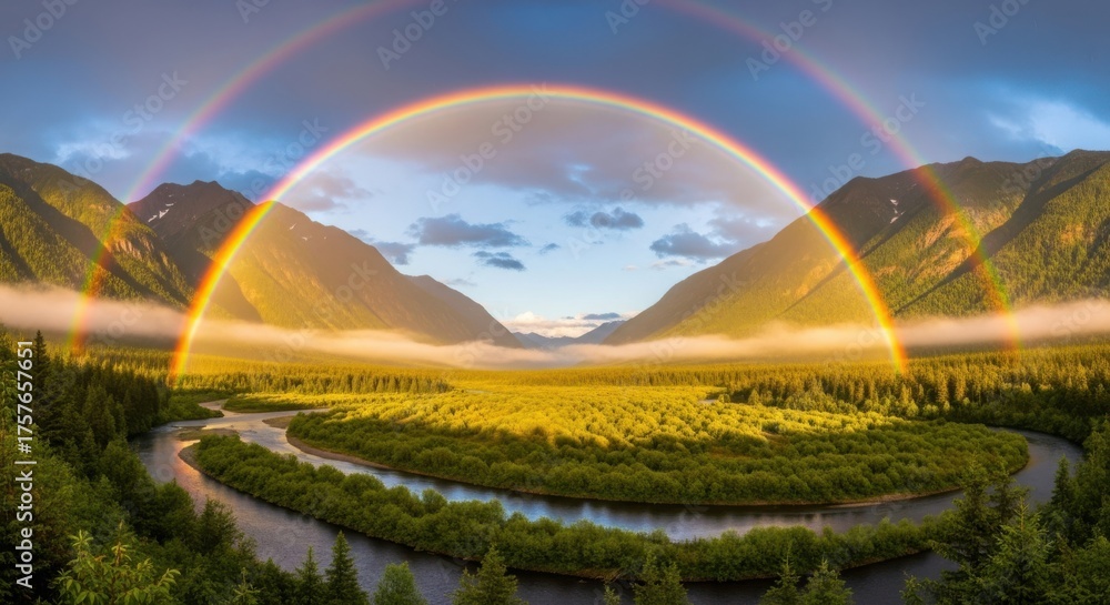 Obraz premium Majestic double rainbow arcs over a serene river valley at sunset