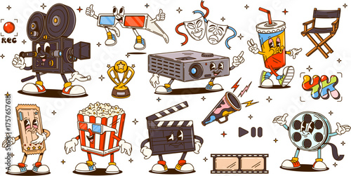 Cartoon groovy cinema characters and retro hippie movie theater vector personages. Happy groovy cinema ticket, 3d glasses, movie camera and clapperboard, film reel, projector and popcorn characters