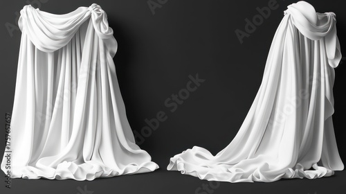 Soft, flowing white fabric cascades over a dark background, evoking elegance and intrigue