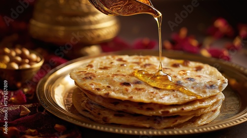 Maharashtrian puran poli on brass plate, ghee drizzle, festive home background