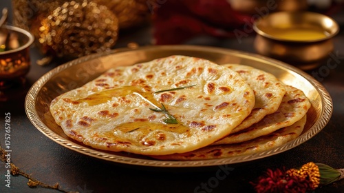 Maharashtrian puran poli on brass plate, ghee drizzle, festive home background