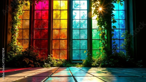 Stained glass windows with vines in abandoned cathedral