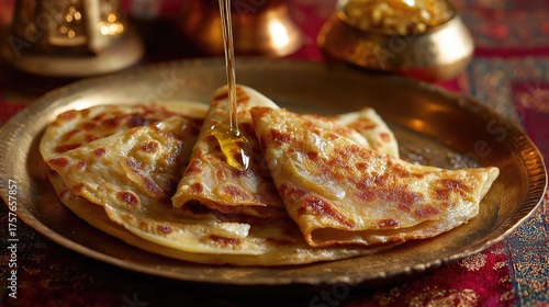 Maharashtrian puran poli on brass plate, ghee drizzle, festive home background