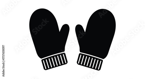 Pair of black knitted mittens with striped cuffs in a simple silhouette style