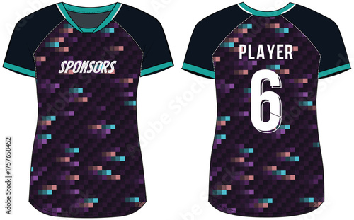 Women Sports Jersey t-shirt design Flat sketch Illustration, Grunge texture V Neck t shirt for girls and Ladies Volleyball jersey, Football, badminton, Soccer and netball, Sport uniform kit