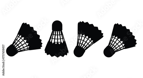 Four black badminton shuttlecock silhouettes displayed from different angles on a white background silhouette