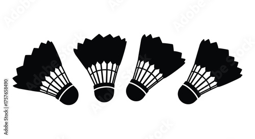 Four black shuttlecocks arranged in a row on a white background in a simple silhouette style
