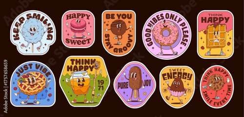 Groovy dessert and sweets label stickers of appetizing confectionery, vector hippie patches. Groovy donut with ice cream and chocolate cookies, waffle and sweet macaron stickers and cotton candy patch