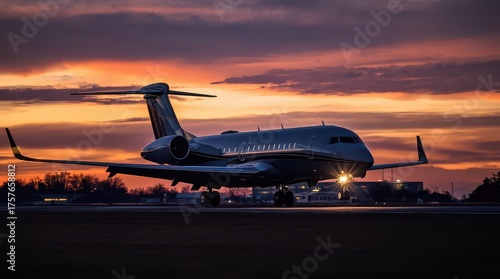 Luxury private jet ready for takeoff against a stunning sunset sky, promising exclusive travel and high-end transportation for discerning clients