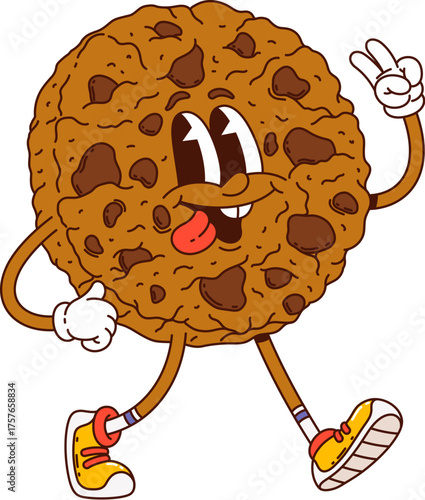Cartoon groovy cookie or sweet dessert character of bakery pastry, vector personage. Funny groovy chocolate biscuit or cookie pastry character with funky yummy tongue out and peace cool gesture