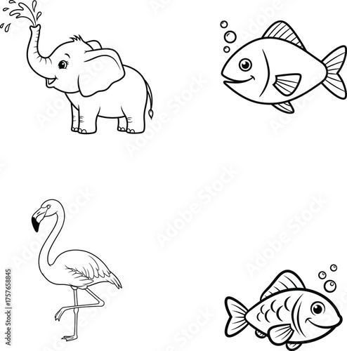 Cute cartoon animals elephant flamingo and fish for coloring