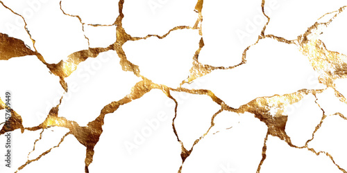 Golden cracked surface with white background. A golden cracked wall pattern isolated on white background. White cracked textured surface background with golden metal filling the cracks in a style, 