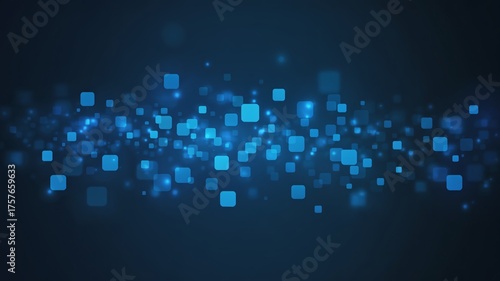 Dynamic digital blue squares glow with light on dark background