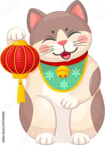 Maneki neko Japanese lucky cat with paper lantern for luck or fortune, vector cartoon character. Maneki neko cat or toy animal with Chinese red paper lantern and golden bell for luck or fortune symbol