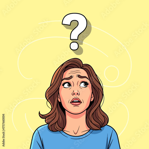 Woman looking up at question mark decision making doubt uncertainty thinking