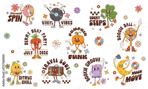 Retro Y2K groovy stickers with funny funky characters or emoji, cartoon vector set. Groovy stickers with freaky disco boogie ball and book emoticon, music disc with travel bag and good vibes quote