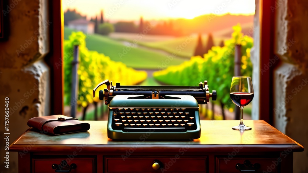 Fototapeta premium Typewriter, wine glass, and vineyard view at sunset