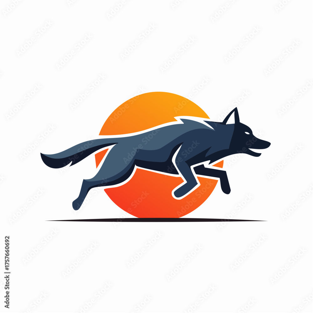 Obraz premium Running wolf silhouette with orange sun