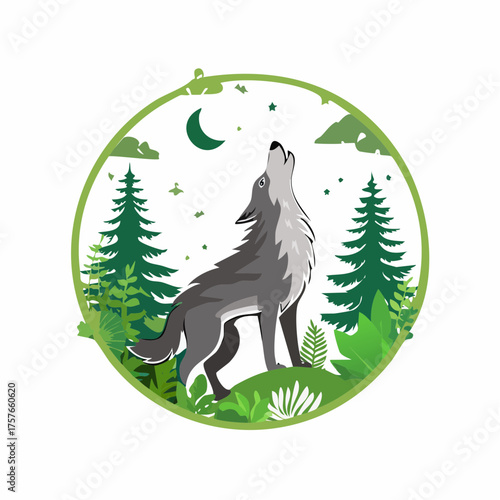 Howling wolf in forest under moonlit sky