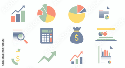 Flat Vector Icon Set of Business Charts, Analytics, Financial Tools in Pastel Google Material You 2026 2D Style, White Background, Overview of Data Visualization Concepts