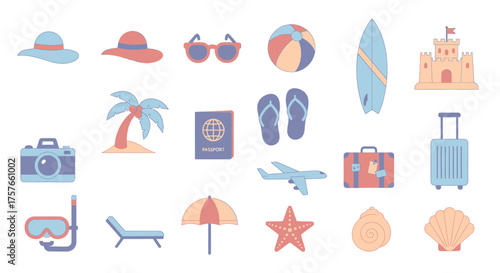 Flat Vector Icon Set of Travel and Vacation Elements, Minimal Geometric Flat Vector, White Background, Illustrative Concept, Google Material You 2026