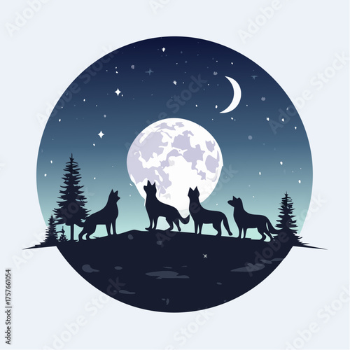 Wolves howling at moonlit night sky