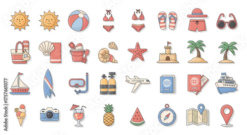 Flat Vector Icon Set of Summer Vacation Elements, Lifestyle, White Background, Minimal Pastel, Material You 2026, Top View