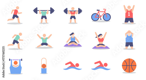 Flat Vector Icon Set of Fitness and Sports Activities, White Background, Pastel Geometric Style, Clean Design, Modern Concept