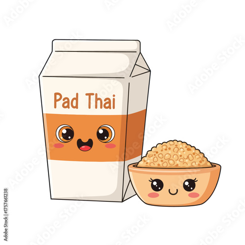 Cute kawaii pad thai takeaway box and noodle bowl characters