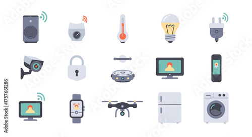 Flat Vector Icon Set of Smart Devices and Wearables, Clean 2D Pastel on White, Technology Collection, Top View Conceptual Illustration