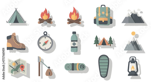 Camping and Hiking Essentials Icon Set, Outdoor Equipment, Flat Vector, Minimal Pastel, Material You 2026 Concept