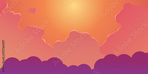 A dreamy, vibrant sunset illustration featuring a warm orange and yellow sky above soft, layered clouds in shades of pink, coral, and deep purple.