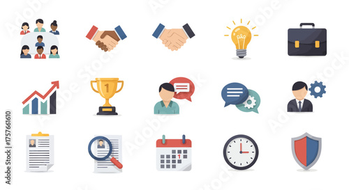 Business Collaboration and Communication Flat Vector Icon Set, Office Environment, Material You 2026 Aesthetic, Clean 2D Geometric Viewpoint, Logistics and Delivery Services Concept