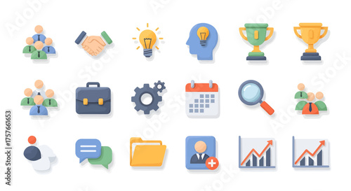 Business Analysis and Communication, Teamwork, Office, Infographic Icon Set, Workspace, Flat Vector, Clean Geometric Pastel Concept