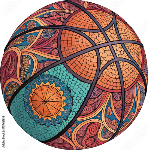 Decorative Basketball Illustration – Intricate Patterned Sports Art